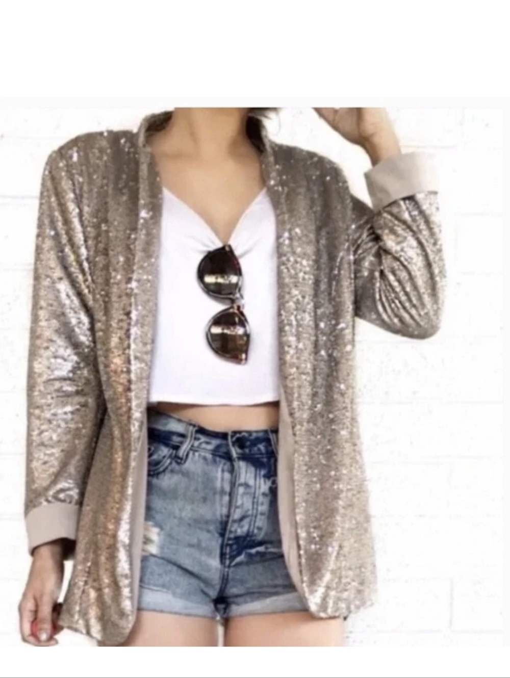 Sam Edelman Champagne Sequin Boyfriend Blazer, Size S ~ EUC
